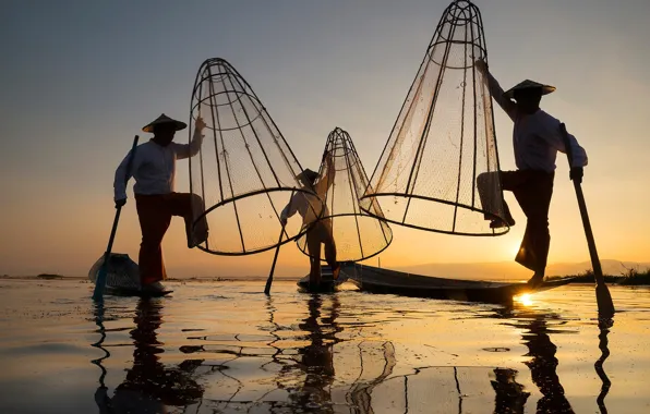 Sunset, men, fishermen, fishing net