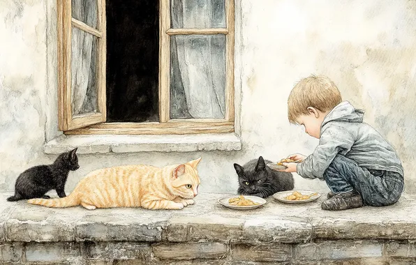 Кошки, дом, доброта, коты, мальчик, окно, корм, имитация живописи