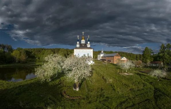 Вода, пейзаж, тучи, природа, весна, храм, цветение, Илья Гарбузов