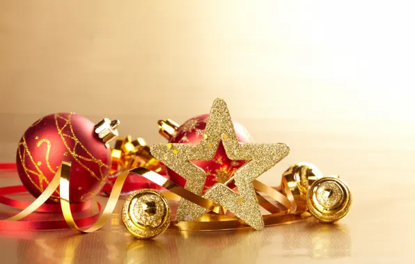 Шарики, золото, праздник, игрушки, звезда, Новый Год, Рождество, серпантин