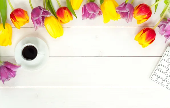 Картинка цветы, кофе, букет, весна, colorful, тюльпаны, fresh, wood