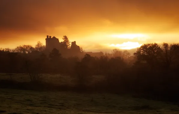 Картинка поле, осень, небо, облака, свет, деревья, закат, туман