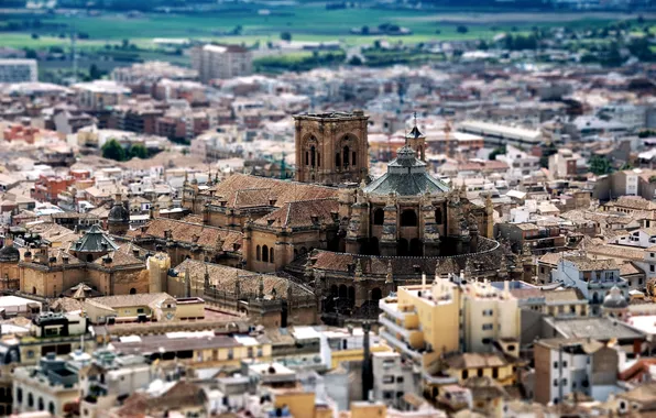 Дома, крыши, Tilt-Shift, Church, Buildings, Granada Cathedral