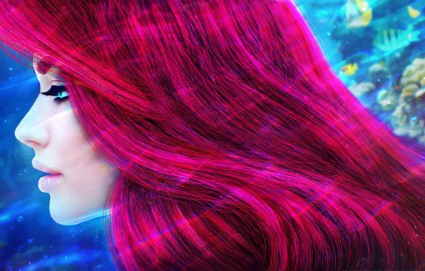 Девушка, волосы, русалка, рыжая, Ariel, art, disney, princess