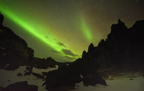 Звезды, ночь, камни, северное сияние, Исландия
