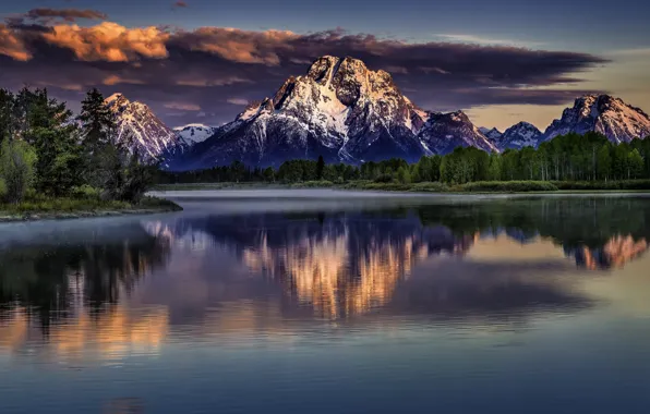 Landscape, sunset, winter, mountains, snow, lakes