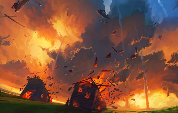 Картинка пожар, пламя, апокалипсис, катастрофа, хаос, бомбардировка, метеоритный дождь, деревянные домики