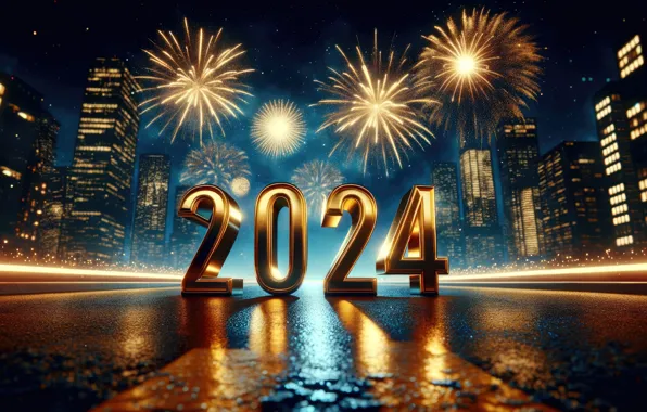 Салют, цифры, Новый год, golden, fireworks, decoration, numbers, New year
