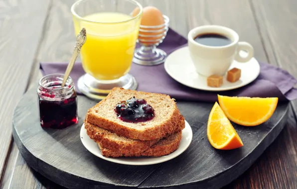 Картинка кофе, еда, завтрак, сок, хлеб, цитрус, джем, тосты