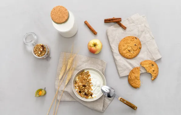 Яблоко, еда, завтрак, молоко, breakfast, milk, мюсли, cookies