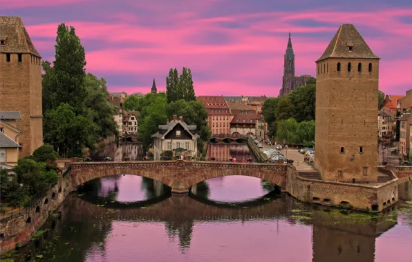 Мост, город, река, фото, Франция, Alsace Strasbour