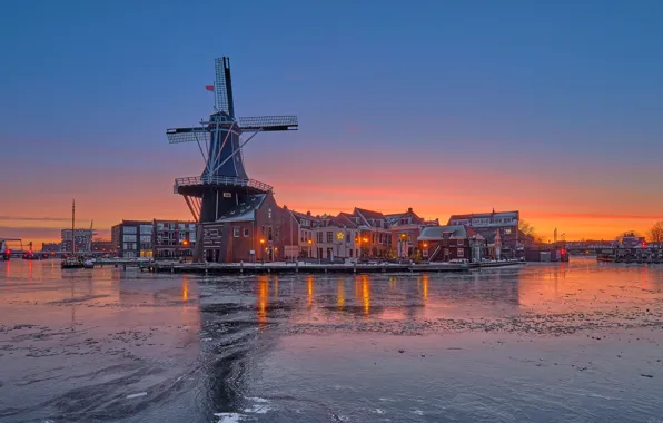 Картинка зима, закат, река, здания, дома, мельница, Нидерланды, Netherlands