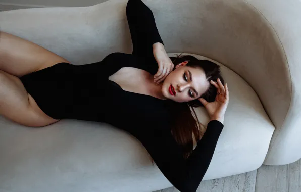 Bodysuit, model, women, brunette, couch, hips, wooden floor, women indoors