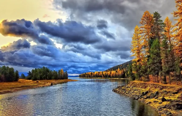Осень, лес, облака, деревья, озеро, Lake Cascade