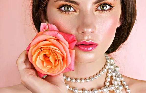 Картинка цветок, взгляд, лицо, модель, роза, ожерелье, брюнетка