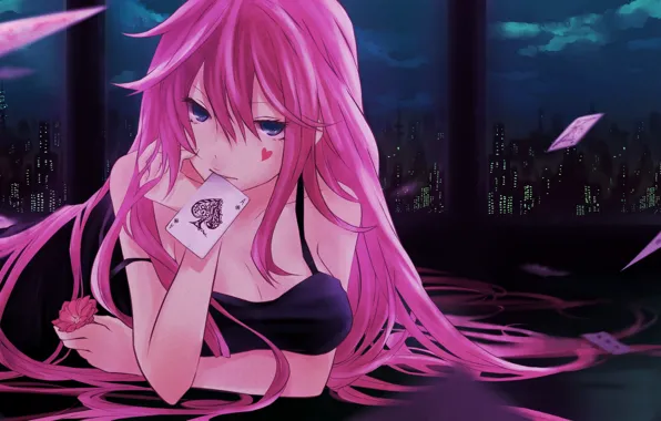 Girl, megurine luka, anime, window, the sky, card, the ace of spades