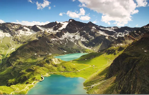 Картинка пейзаж, горы, природа, Italy, mountains, clouds, lake, hills