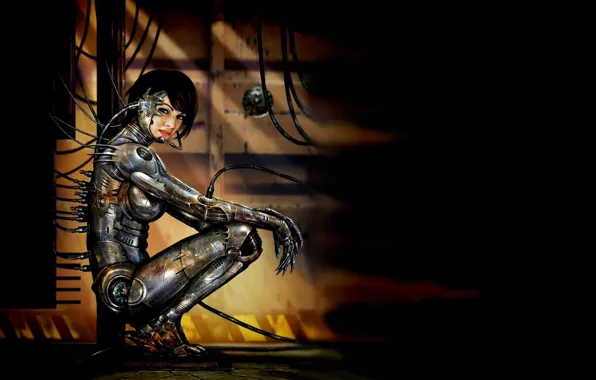 Картинка девушка, провода, кабели, киборг, метал, киберпанк, cyberpunk, cyborg