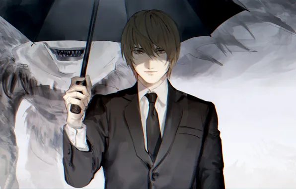 Зонт, парень, Death Note, Light Yagami, Ryuk, бог смерти