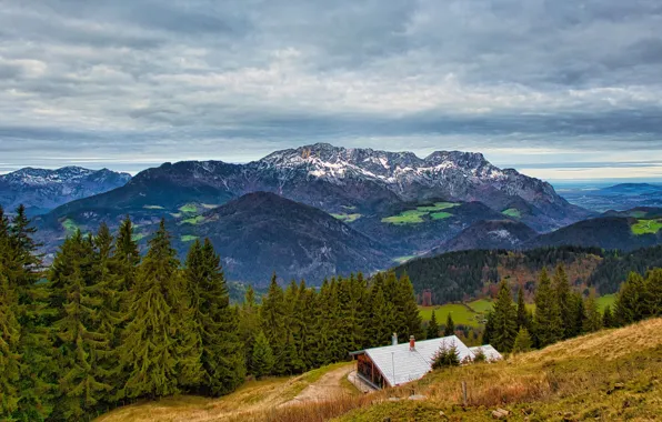 Крыша, осень, лес, небо, облака, пейзаж, горы, природа