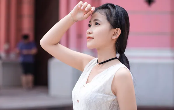 Жест, brown eyes, карие глаза, asian, black hair, cute girl, gesture, светлое платье