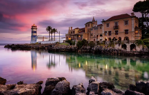 Картинка пейзаж, закат, природа, камни, океан, здание, маяк, Португалия