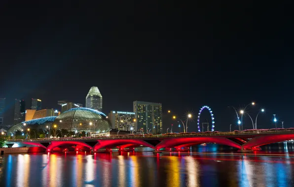 Картинка ночь, мост, дизайн, огни, здания, дома, фонари, Сингапур