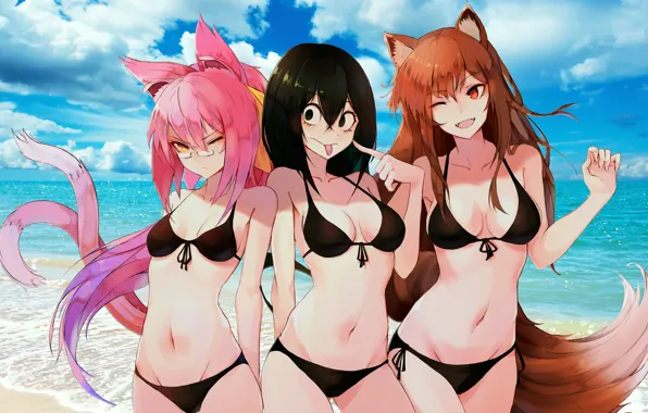 Anime, sea, girls, frog, spice and wolf, cat, blazblue, wolf
