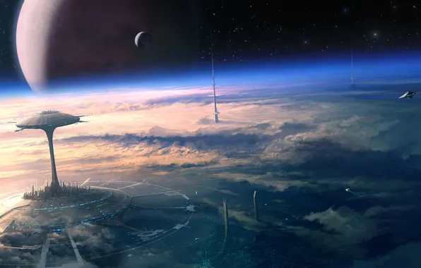 Картинка космос, облака, будущее, планета, спутник, звёзды, орбита, Арт, космические корабли, город будущего