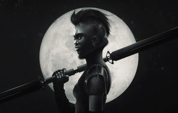 Девушка, Луна, Girl, Dark, Moon, Fantasy, Арт, Art