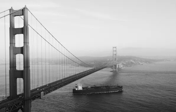 Картинка дорога, море, машины, пролив, black & white, Калифорния, залив, Сан-Франциско