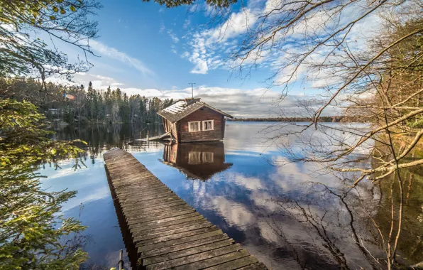 Картинка лес, озеро, домик, мостик, Финляндия