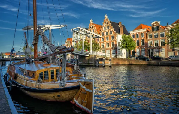 Картинка мост, река, здания, дома, яхта, Нидерланды, Netherlands, North Holland
