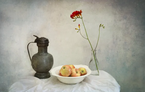 Картинка цветок, яблоки, кувшин, натюрморт