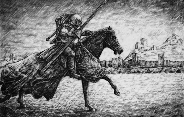 Картинка конь, рисунок, графика, воин, всадник, копье, крепость, средневековье