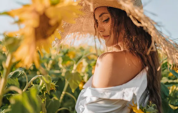 Картинка sky, nature, clouds, women, brunette, shirt, sunflowers, white shirt