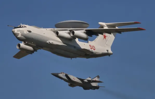 Картинка полет, истребитель, самолёт, А-50, ДРЛО, двухместный, перехватчик, МиГ-31