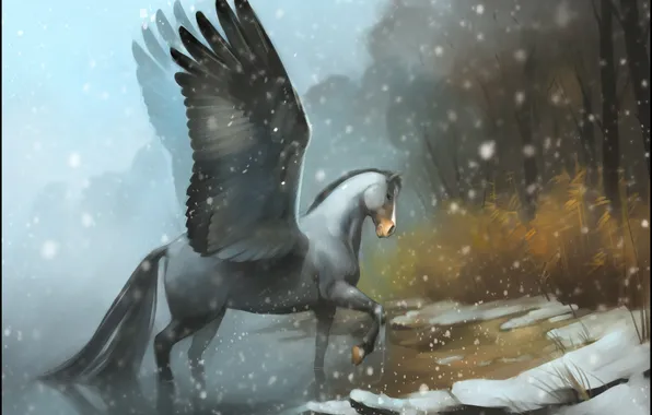 Картинка зима, лес, вода, снег, река, лошадь, крылья, пегас