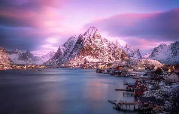Картинка зима, горы, гора, Норвегия, городок, поселение, поселок, фьорд