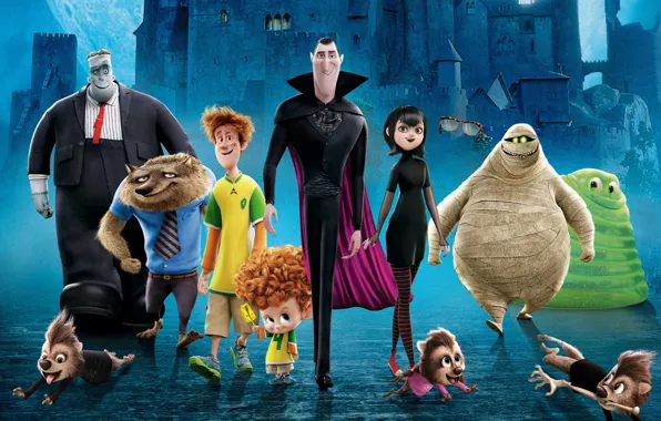 Обои Ночь, Мост, Замок, Мультфильм, Персонажи, Hotel Transylvania.