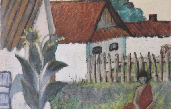 Картинка девушка, забор, дома, подсолнух, Экспрессионизм, Отто Мюллер, ca1929, Zigeunerin im Garten