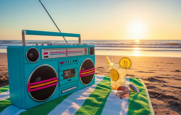 Пляж, обои, арт, коктейль, wallpaper, beach, art, магнитофон