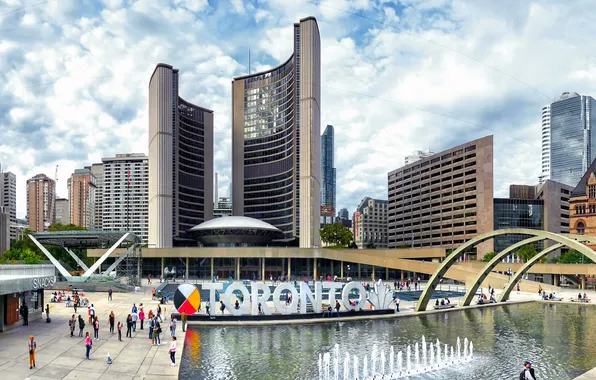 Облака, Дома, Канада, Торонто, Nathan Phillips Square, Городская площадь