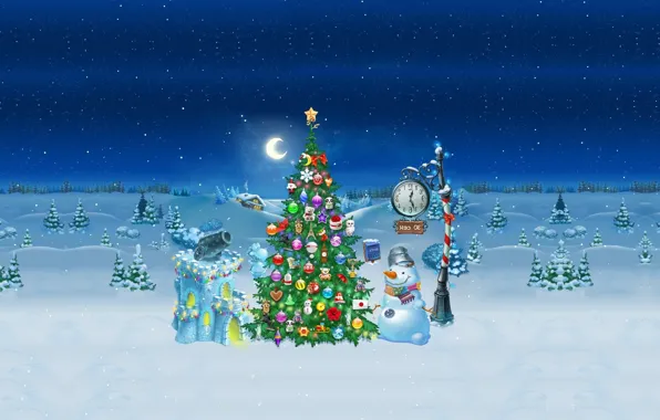 Картинка зима, праздник, арт, Новый год, снеговик, ёлочка, детская, новогодняя ночь