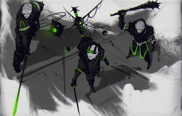 Картинка киборг, мечи, воины, art, cyberpunk