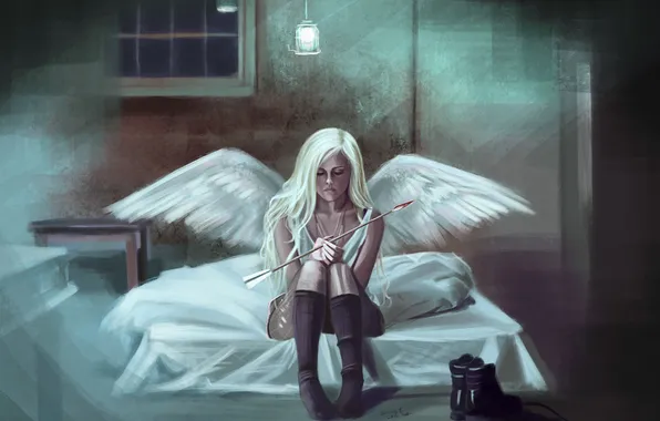 Картинка девушка, фантастика, крылья, ангел, ботинки, арт, блондинка, стрела