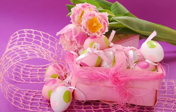 Картинка розовый, яйца, весна, пасха, тюльпаны, flowers, spring, eggs