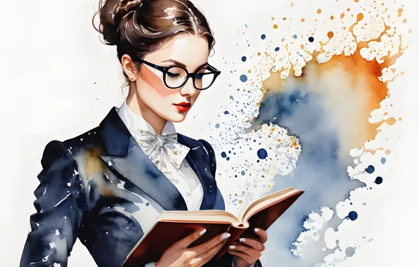 Девушка, очки, белый фон, книга, кляксы, форма, живопись, студентка