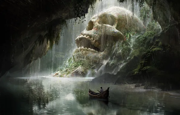 Картинка лодка, череп, арт, fantasy, путешествие, Quentin Mabille, Skull Cave