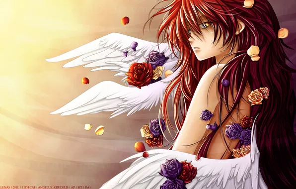 Картинка девушка, розы, крылья, аниме